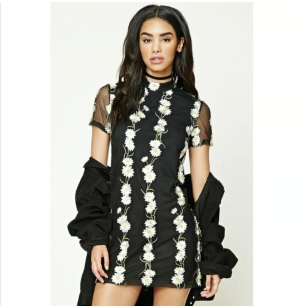Forever 21 Embroidered Daisy Mock-Neck Mesh Mini Dress MEDIUM - Picture 1 of 7